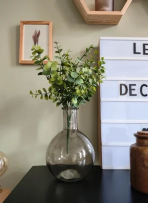 Vase rond en verre fumé avec bouquet d’eucalyptus – décoration minimaliste